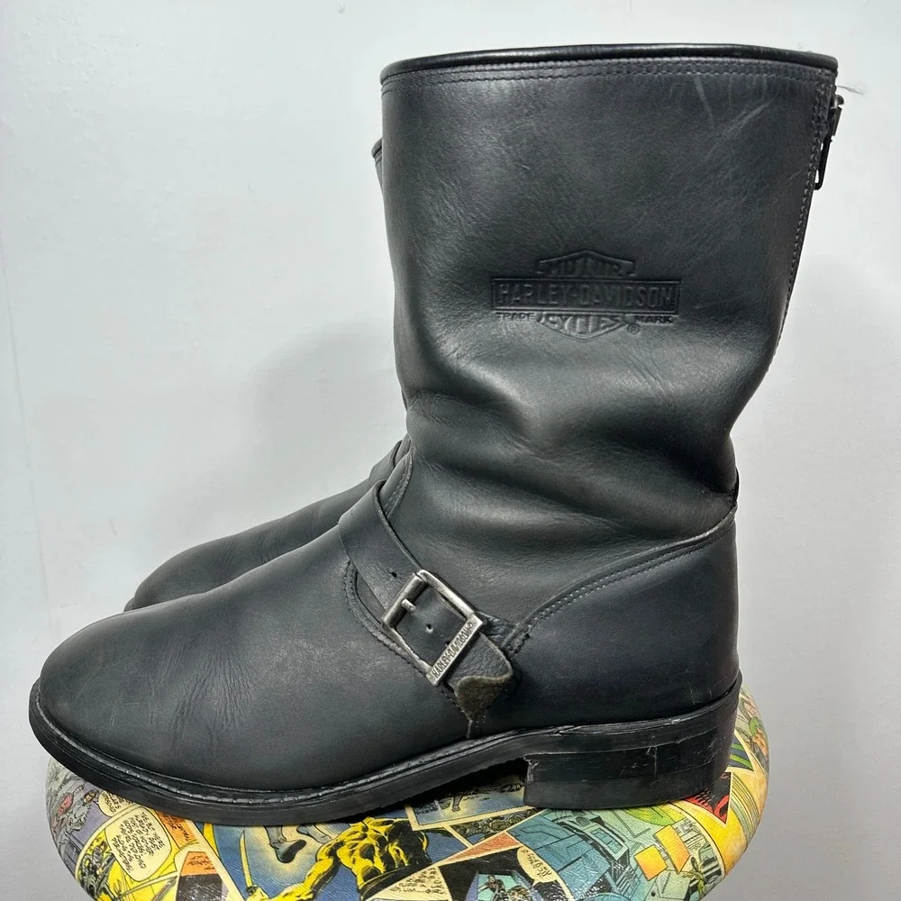 Harley Davidson Engineer Boots Mens Black Good Leather Back‎ Zip Buckle Biker